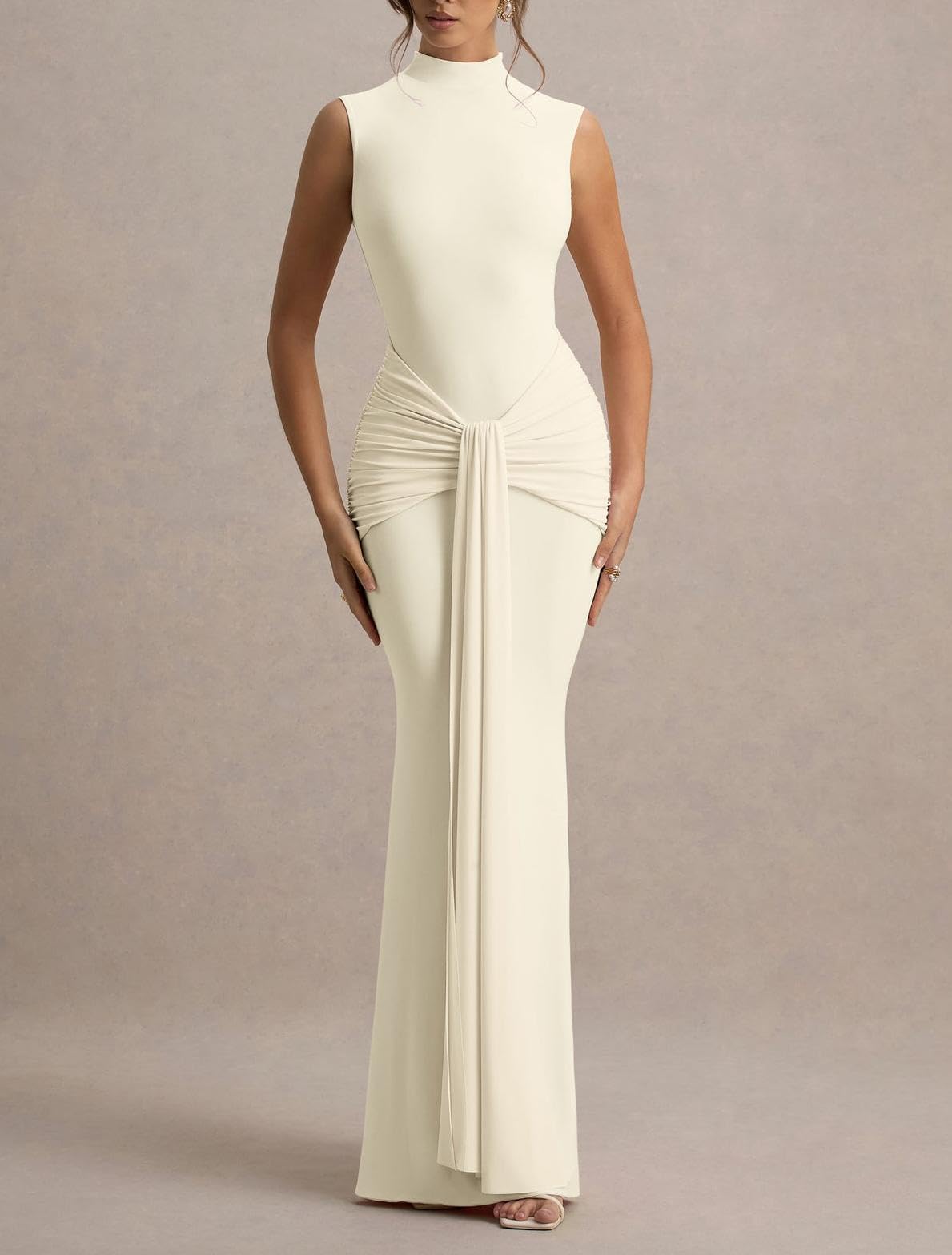 Sleeveless High Neck Ruched Knot Mermaid Maxi Dress