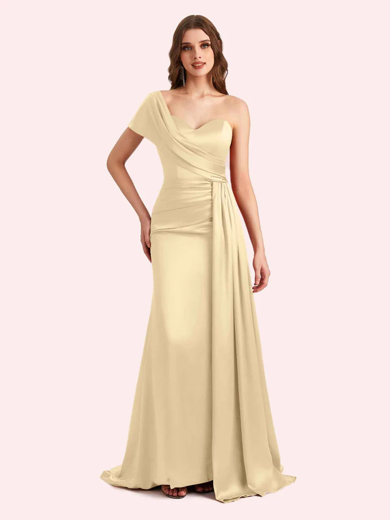 Burnt Orange Sheath One-Shoulder Sleeveless Satin Ruched Draped Bridesmaid Gown