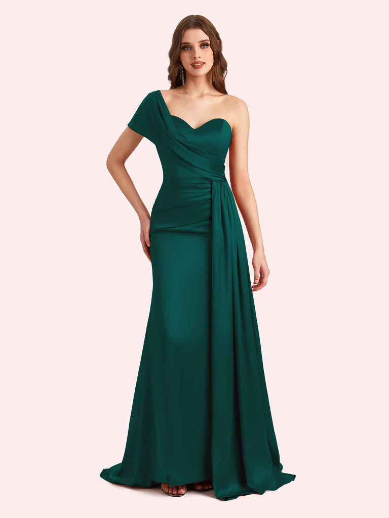 Burnt Orange Sheath One-Shoulder Sleeveless Satin Ruched Draped Bridesmaid Gown