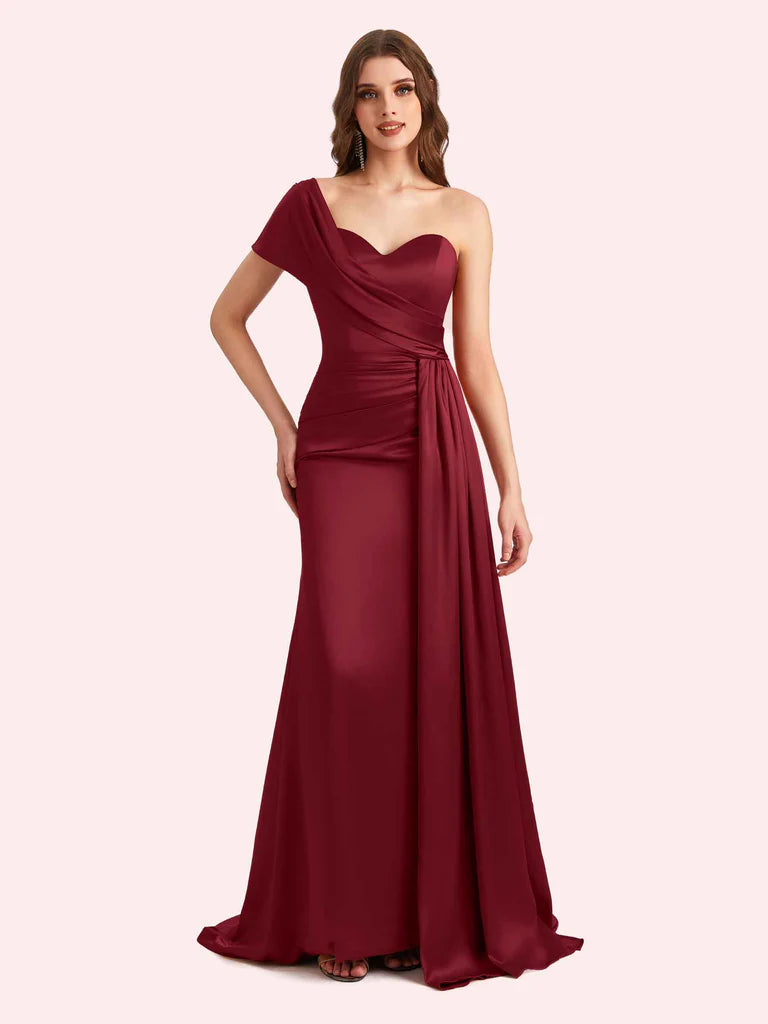 Burnt Orange Sheath One-Shoulder Sleeveless Satin Ruched Draped Bridesmaid Gown