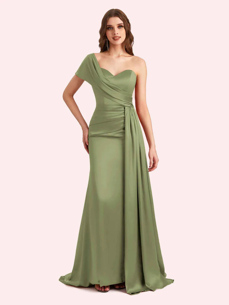 Burnt Orange Sheath One-Shoulder Sleeveless Satin Ruched Draped Bridesmaid Gown