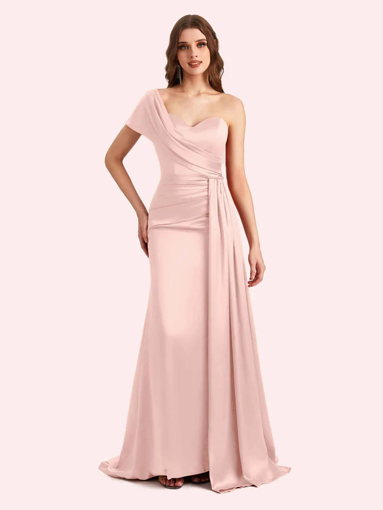 Burnt Orange Sheath One-Shoulder Sleeveless Satin Ruched Draped Bridesmaid Gown