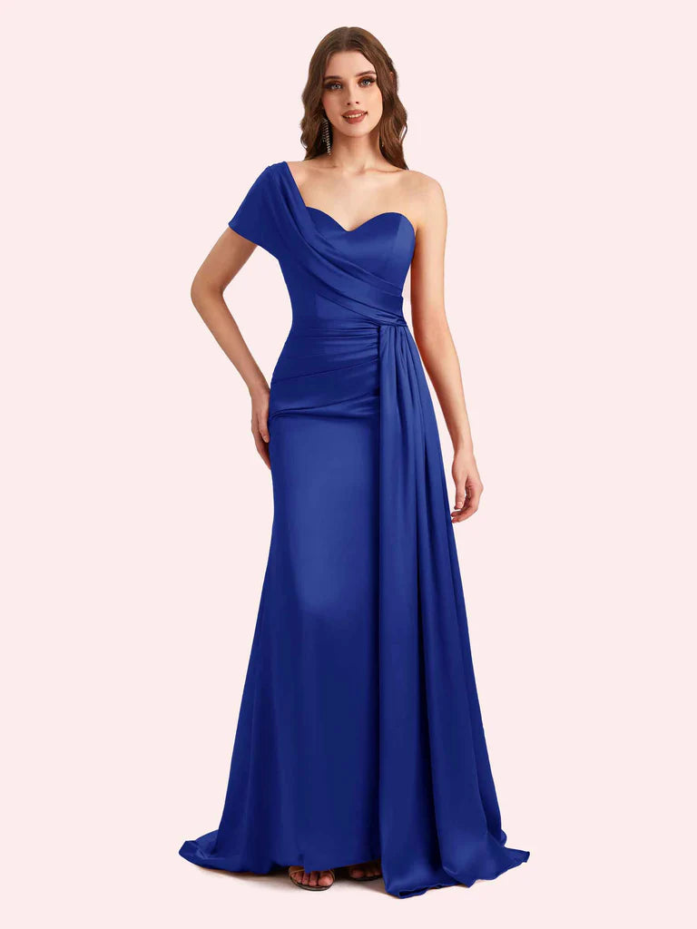 Burnt Orange Sheath One-Shoulder Sleeveless Satin Ruched Draped Bridesmaid Gown