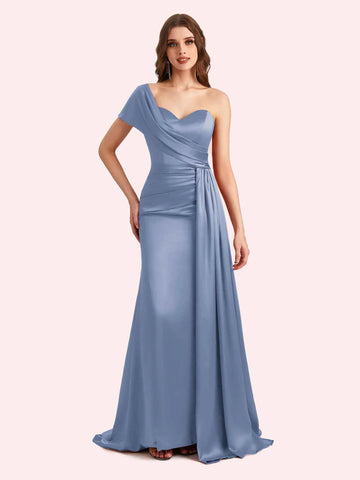 Burnt Orange Sheath One-Shoulder Sleeveless Satin Ruched Draped Bridesmaid Gown