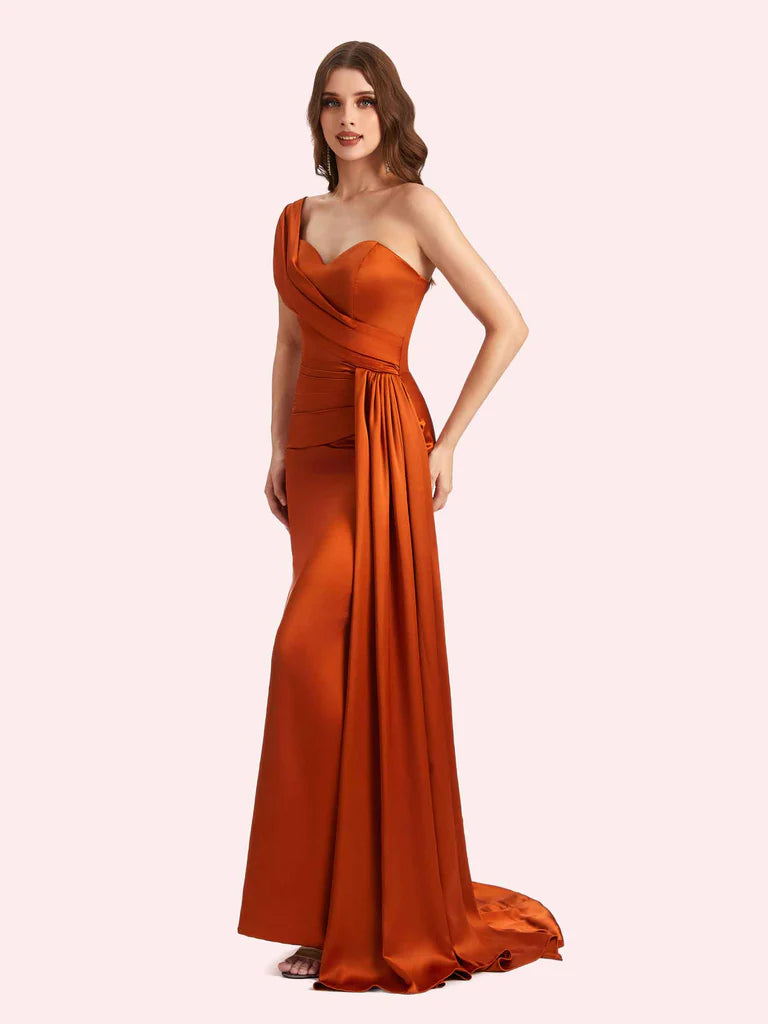 Burnt Orange Sheath One-Shoulder Sleeveless Satin Ruched Draped Bridesmaid Gown