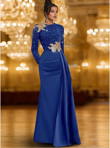 Sequin Bodice Satin Mermaid Evening Gown with Gold Appliqué Detail