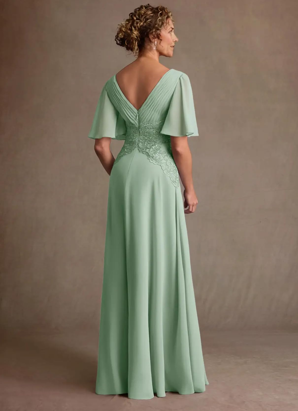 V-Neck Flutter Sleeve Lace Waist Chiffon A-Line Floor-Length Mother of the Bride Dress