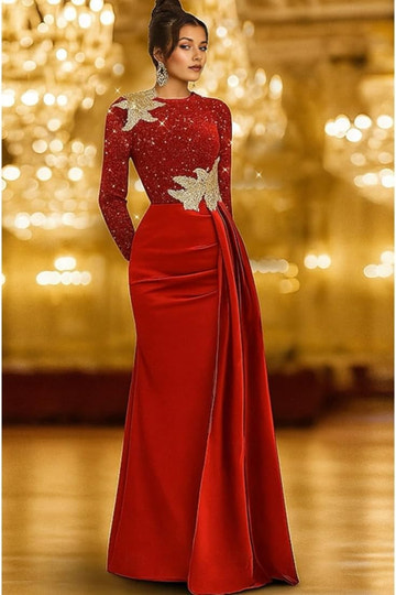 Vestido de Noche de Satén con Cuerpo de Lentejuelas y Detalle de Apliques Dorados