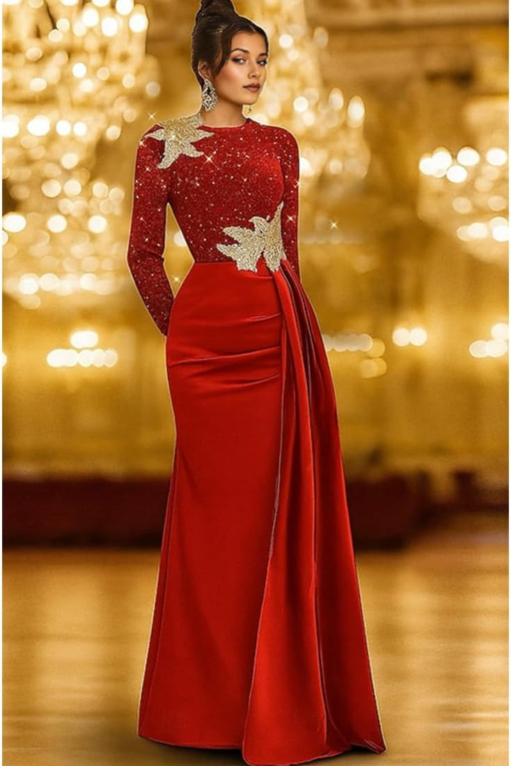 Sequin Bodice Satin Mermaid Evening Gown with Gold Appliqué Detail