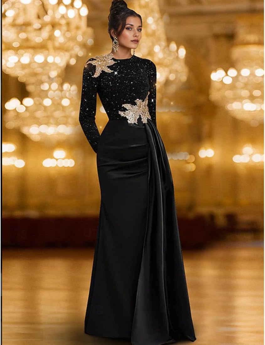 Sequin Bodice Satin Mermaid Evening Gown with Gold Appliqué Detail