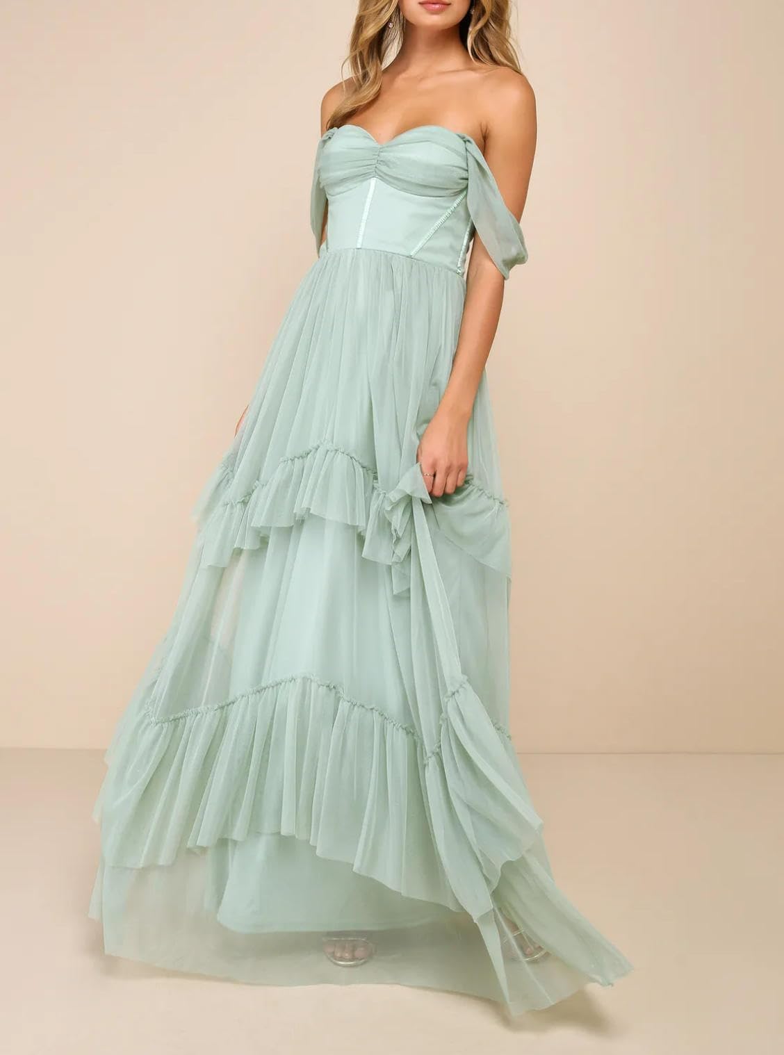 Vestido de noche de dama de honor largo hasta el suelo con escote corazón, corsé y volantes de tul, con hombros descubiertos