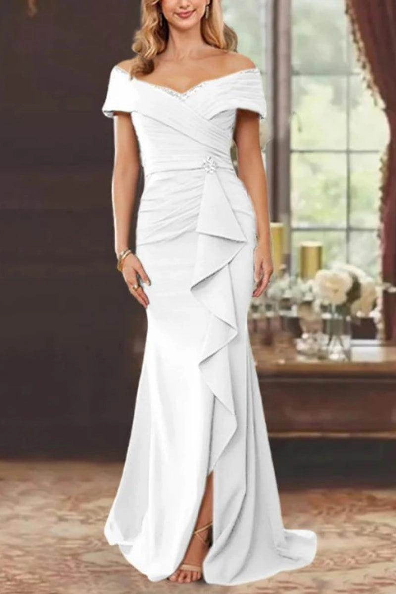 Chic Mermaid Off Shoulder Zip Back Slit Floor Length Mother Of The Bride Dress