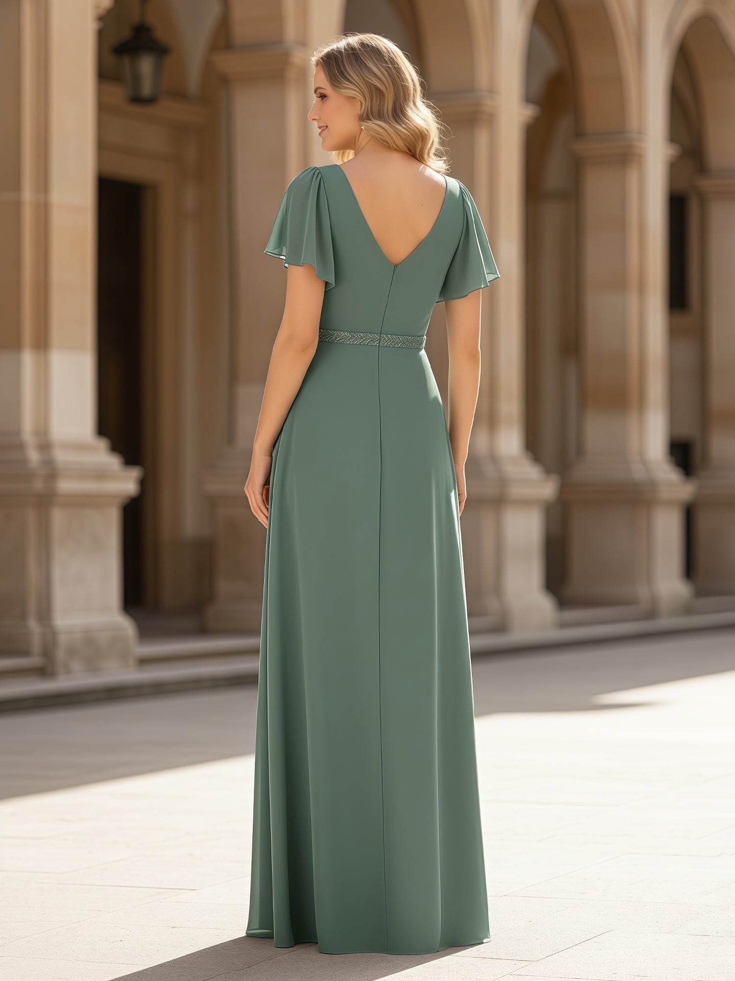 Elegant Eucalyptus Chiffon Bridesmaid Dress - Flutter Sleeve V-Neck Split Maxi Gown with Beaded Waist