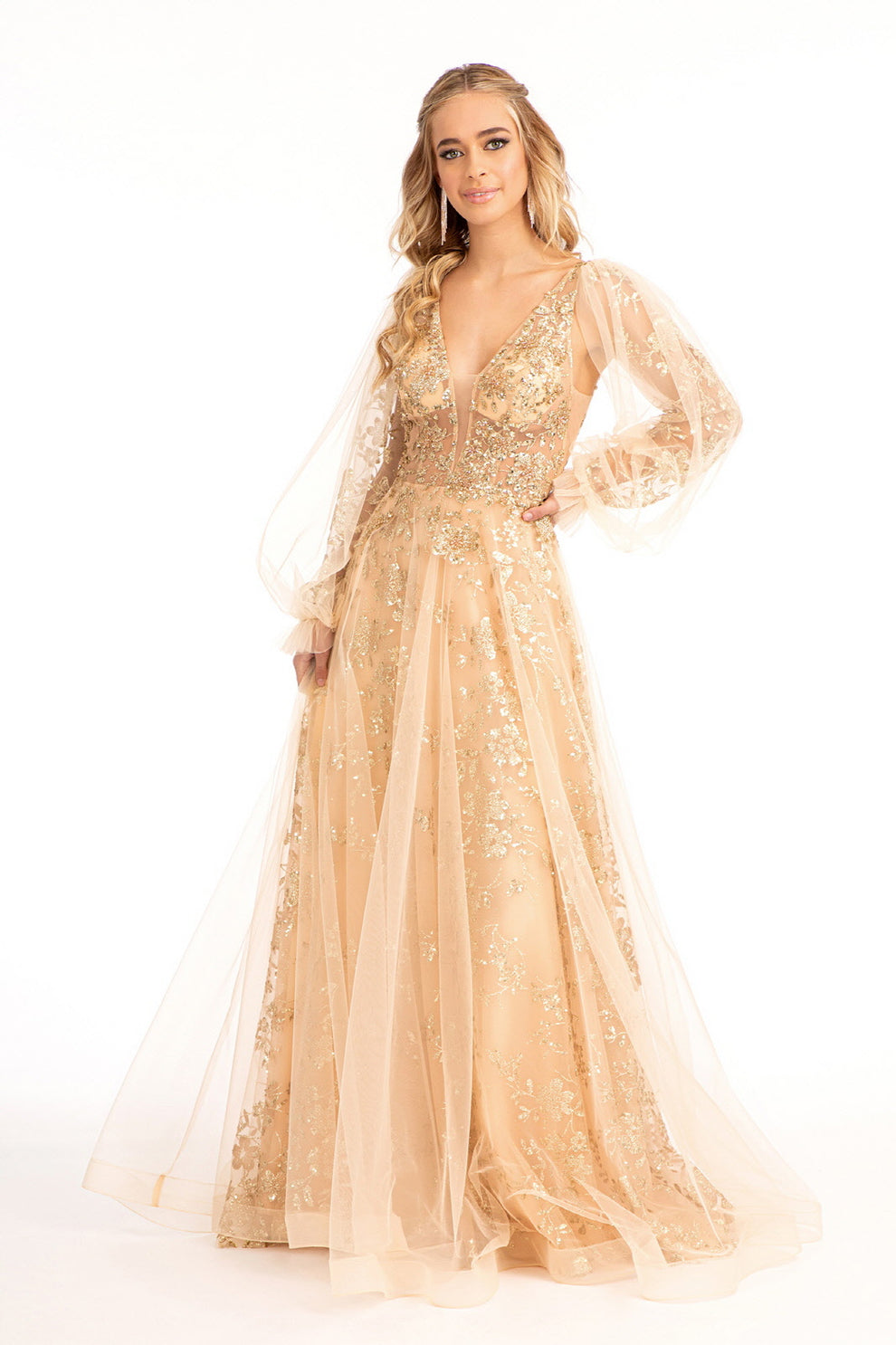 Vestido de gala de tul brillante de lujo corte A, mangas largas transparentes abullonadas, cuello en V, bordado floral, ideal para noche de gala y recepción de boda