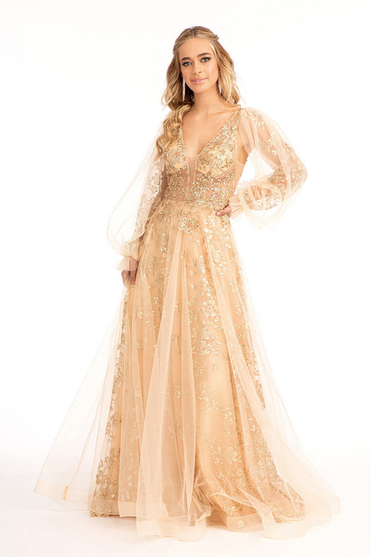 Luxury Glitter Tulle A-Line Gown Sheer Puff Long Sleeves V-Neck Floral Embroidery Formal Evening & Wedding Reception Dress