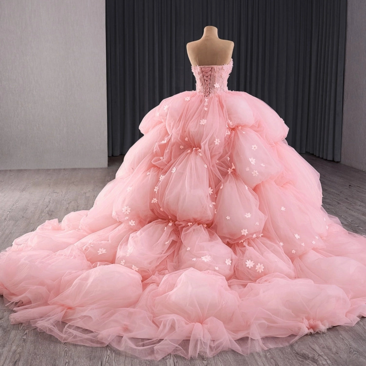 Vedress pink quinceanera dress lace-up corset back tiered puff cloud skirt court train 3D floral ballgown back view