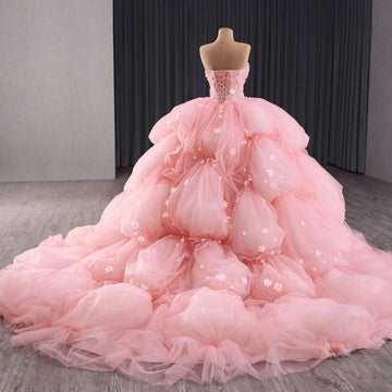 Vedress pink quinceanera dress lace-up corset back tiered puff cloud skirt court train 3D floral ballgown back view