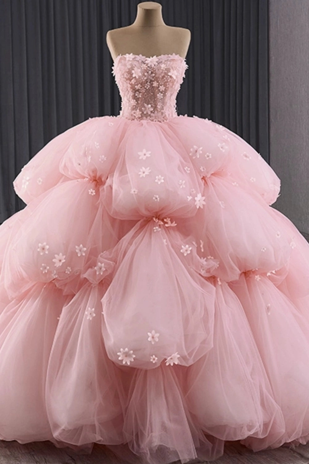 Cloudy Pink Ball Gown Strapless Sweetheart Lace‑Up Back Court Train Quinceanera Dress