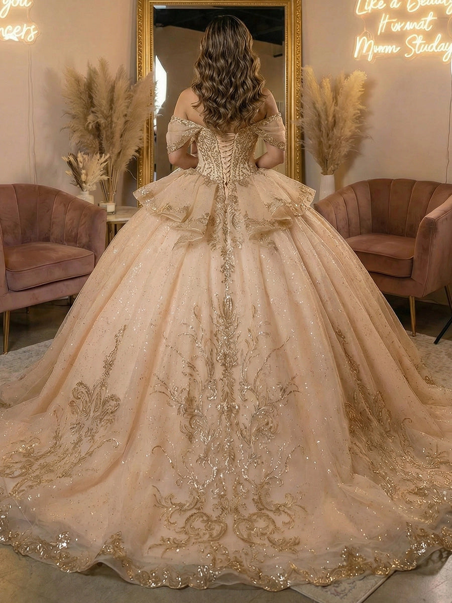 Vedress champagne quinceanera dress off-shoulder lace-up corset back gold baroque embroidery glitter tulle court train ballgown back view
