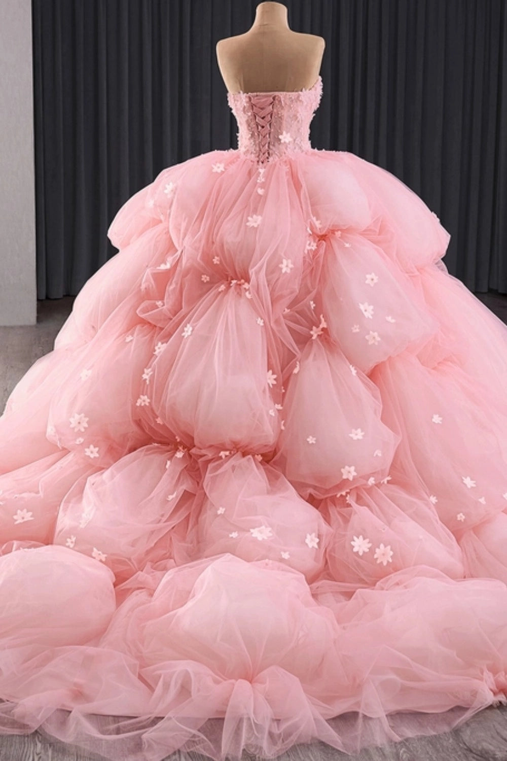 Cloudy Pink Ball Gown Strapless Sweetheart Lace‑Up Back Court Train Quinceanera Dress