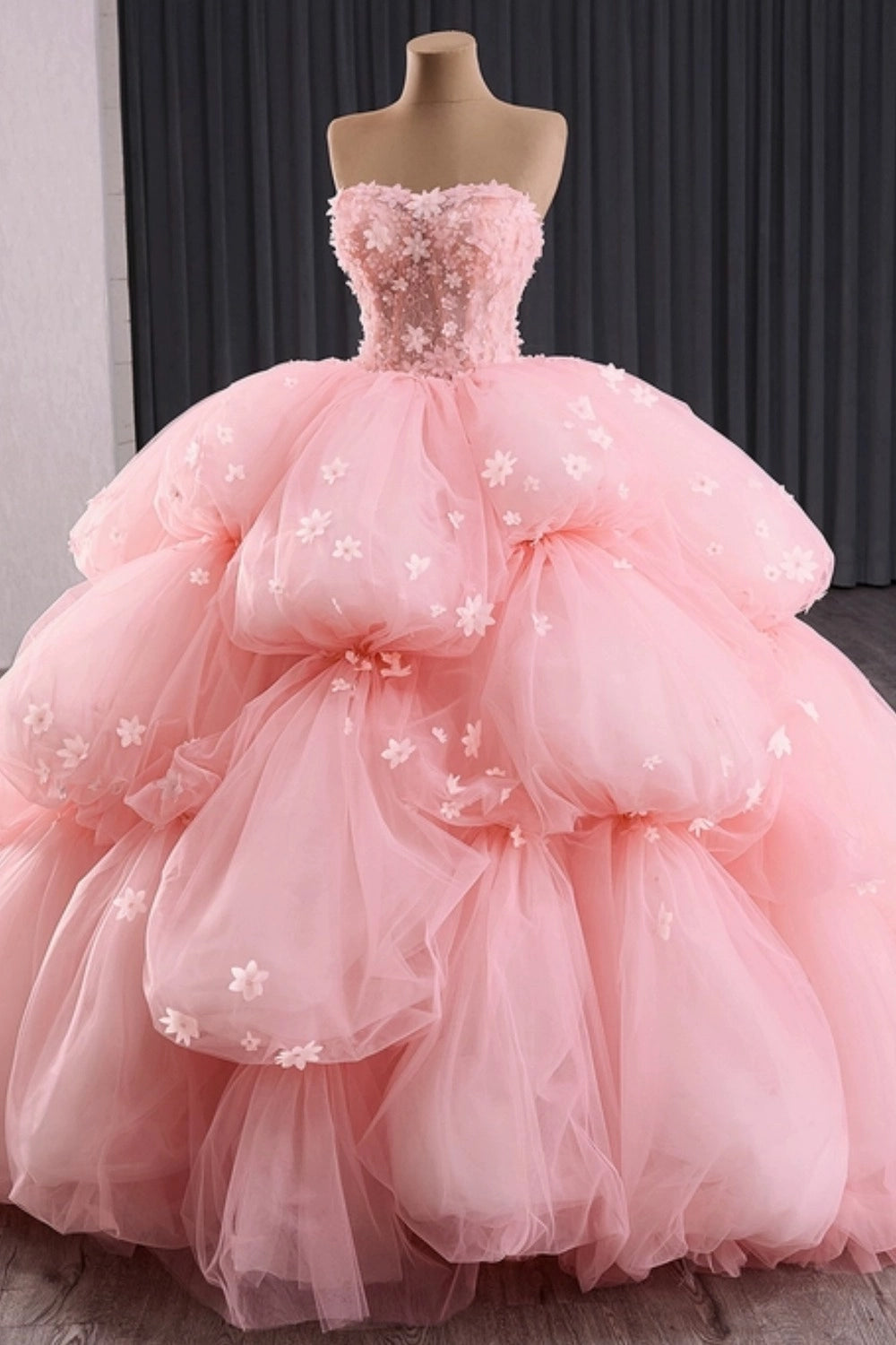 Cloudy Pink Ball Gown Strapless Sweetheart Lace‑Up Back Court Train Quinceanera Dress