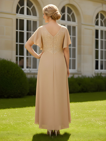 Elegant Champagne Lace Applique Chiffon Mother of the Bride Dress - Flutter Sleeve High-Low Formal Gown