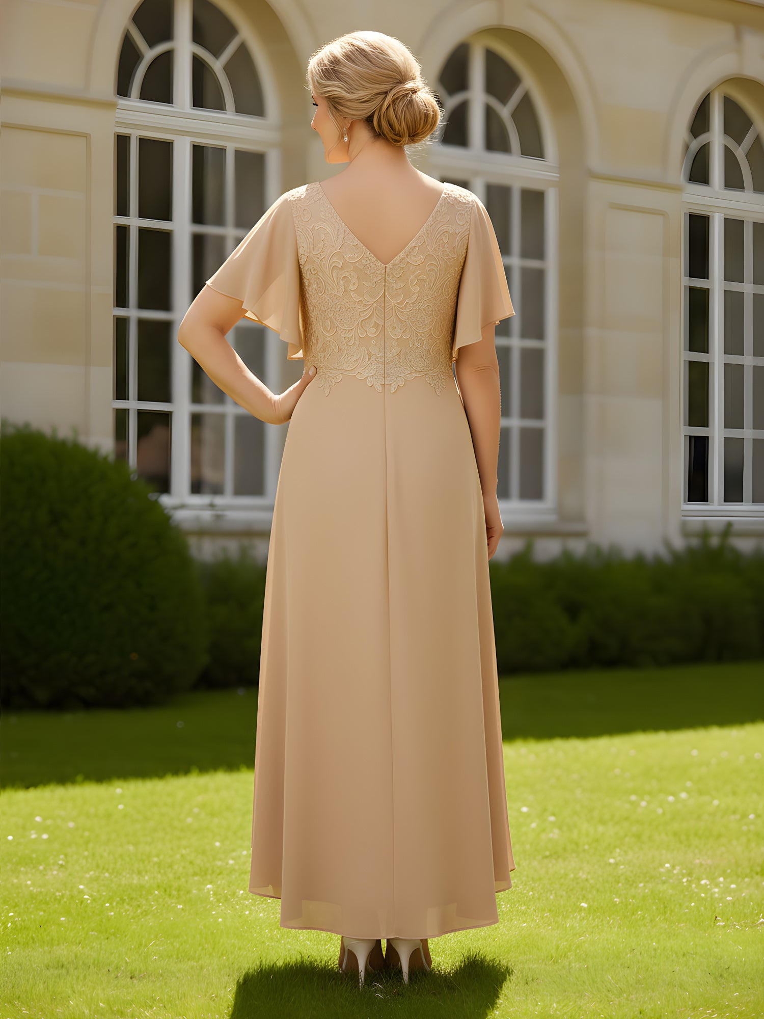 Elegant Champagne Lace Applique Chiffon Mother of the Bride Dress - Flutter Sleeve High-Low Formal Gown