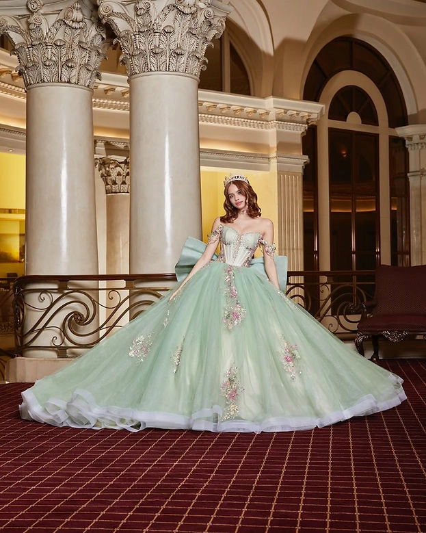 Ball Gown Off Shoulder Corset Back Floral Big Bow Quinceañera Dress