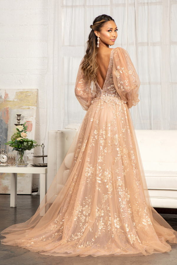 Vestido de gala de tul brillante de lujo corte A, mangas largas transparentes abullonadas, cuello en V, bordado floral, ideal para noche de gala y recepción de boda