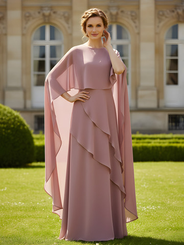 Elegant Dusty Rose Chiffon Mother of the Bride Gown - Cape Sleeve & Asymmetrical Ruffle Layer Formal Dress
