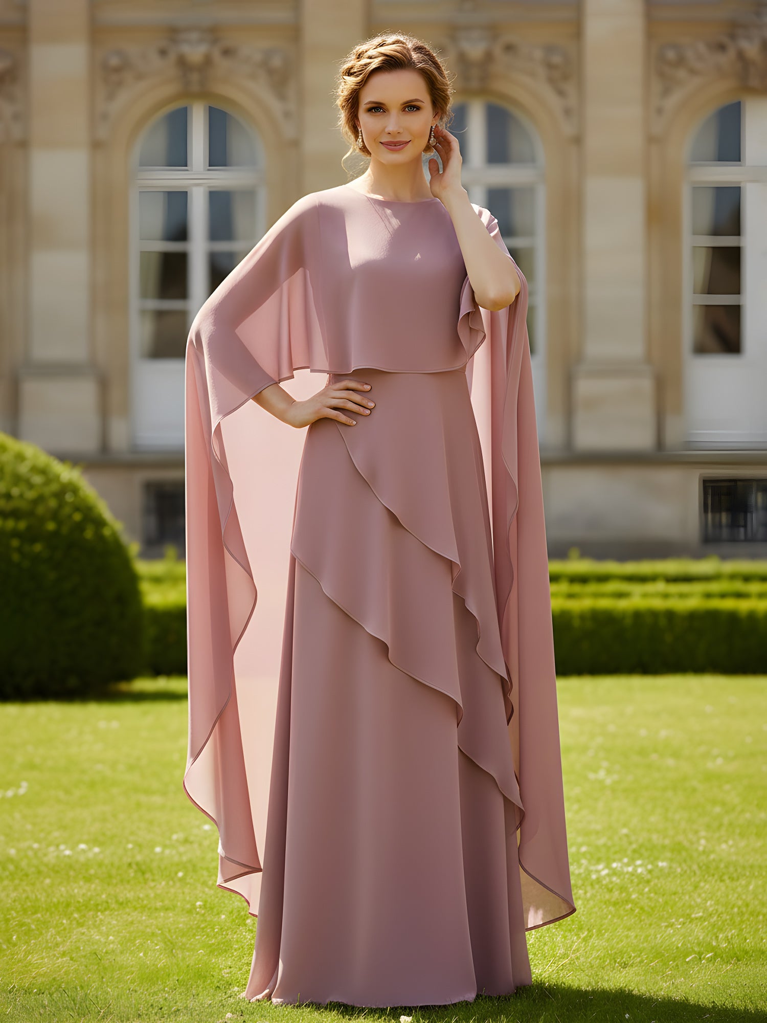 Elegant Dusty Rose Chiffon Mother of the Bride Gown - Cape Sleeve & Asymmetrical Ruffle Layer Formal Dress