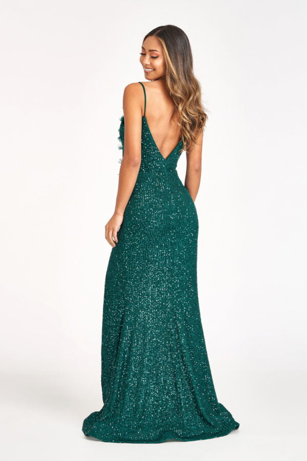 Vestido de Noche y Recepción de Boda Formal con Lentejuelas Doradas de Lujo, Escote Pronunciado en V, Aplicaciones Florales 3D y Abertura Alta
