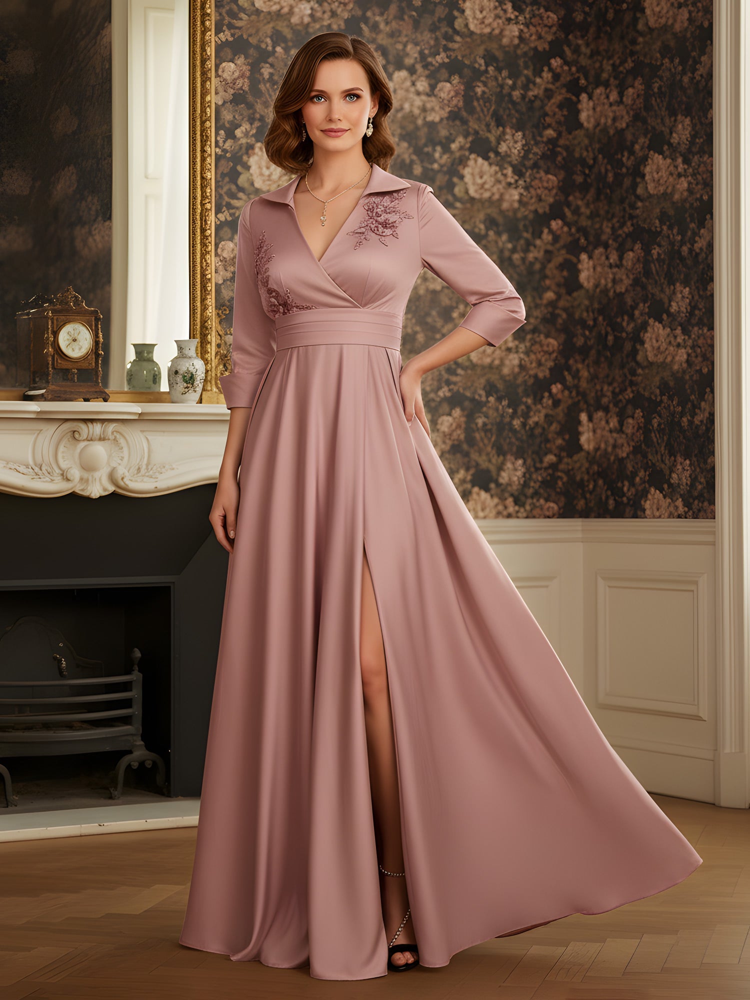Elegante Vestido de Noche Formal de Satén Rosa Empolvado - Vestido de Noche con Escote en V, Manga Tres Cuartos, Abertura Lateral y Detalles Bordados