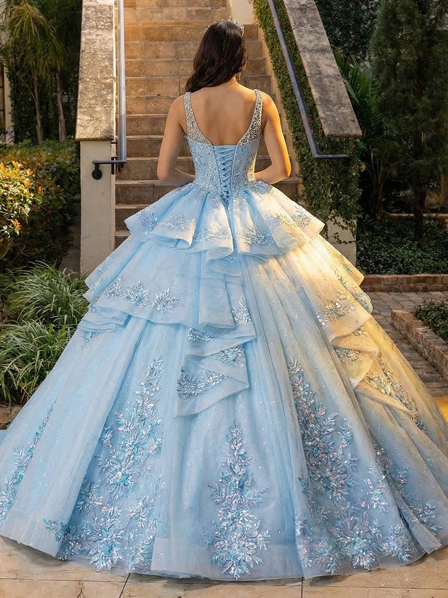 Vedress light blue glitter tulle quinceanera gown corset lace-up back deep U back tiered ruffle skirt iridescent floral appliques back view
