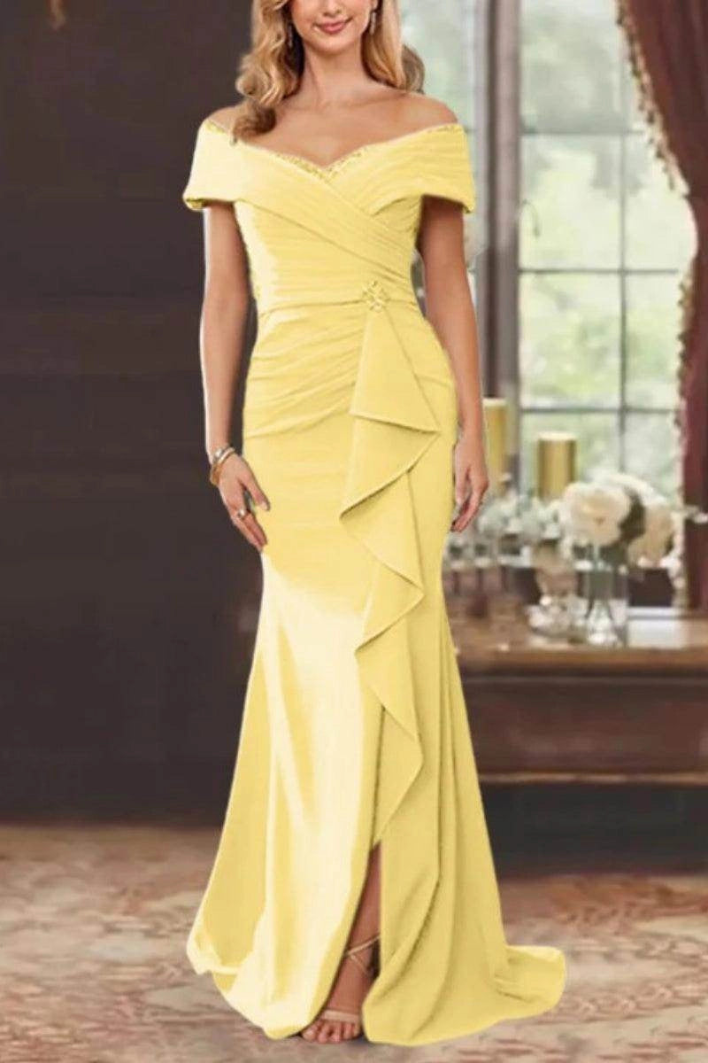 Chic Mermaid Off Shoulder Zip Back Slit Floor Length Mother Of The Bride Dress