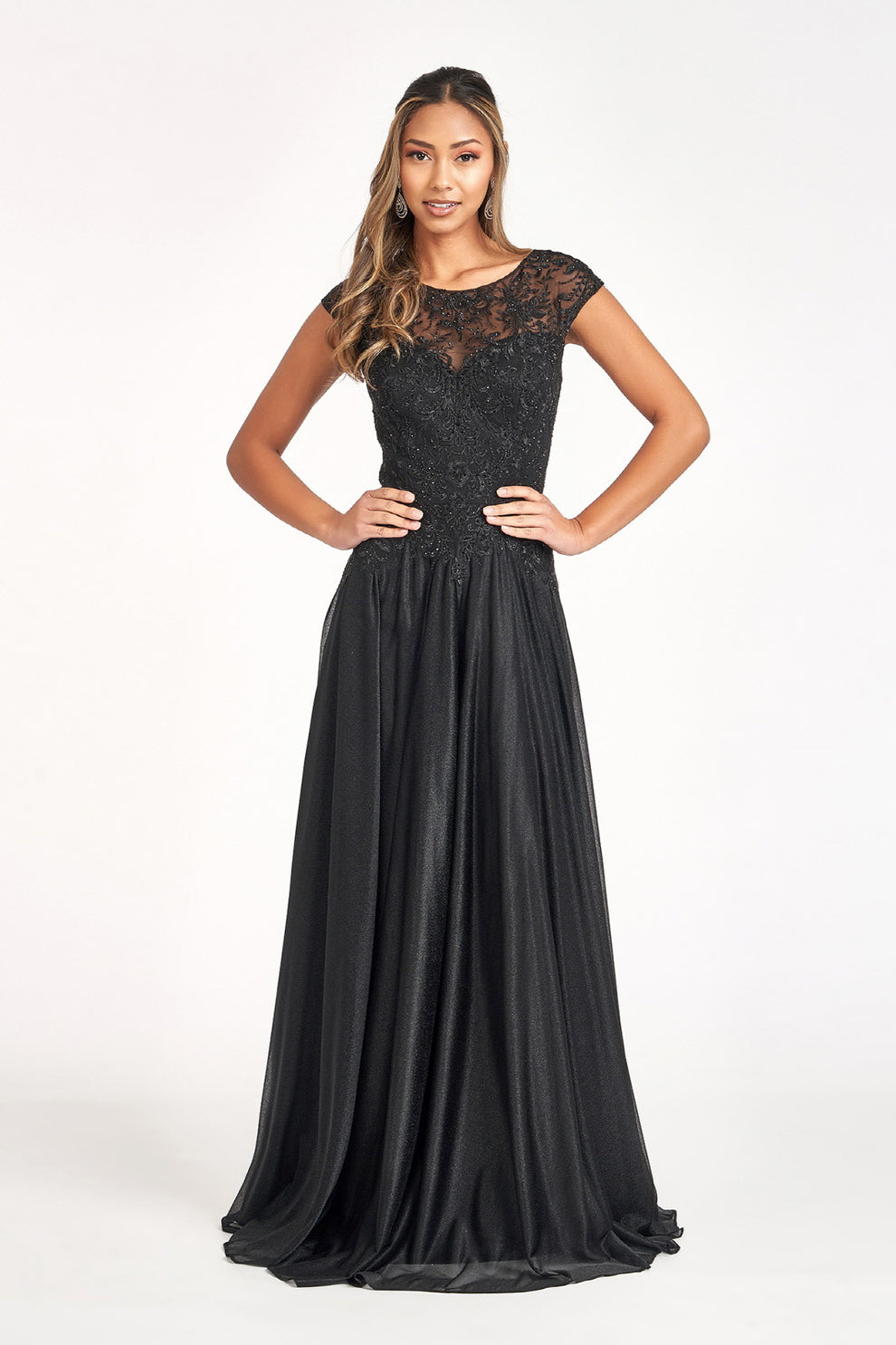 Elegant Lace & Chiffon A-Line Gown Sheer Cap Sleeve Crew Neck Beaded Embroidery Mother of the Bride & Evening Dress