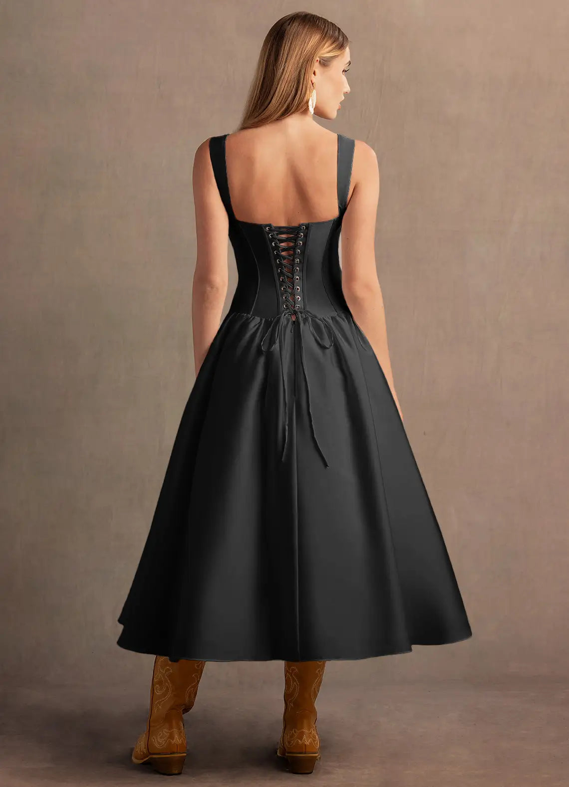 Aline Sweetheart Sleeveless Satin Midi Length Split Laceup Corset Dropped Waist Party Dress