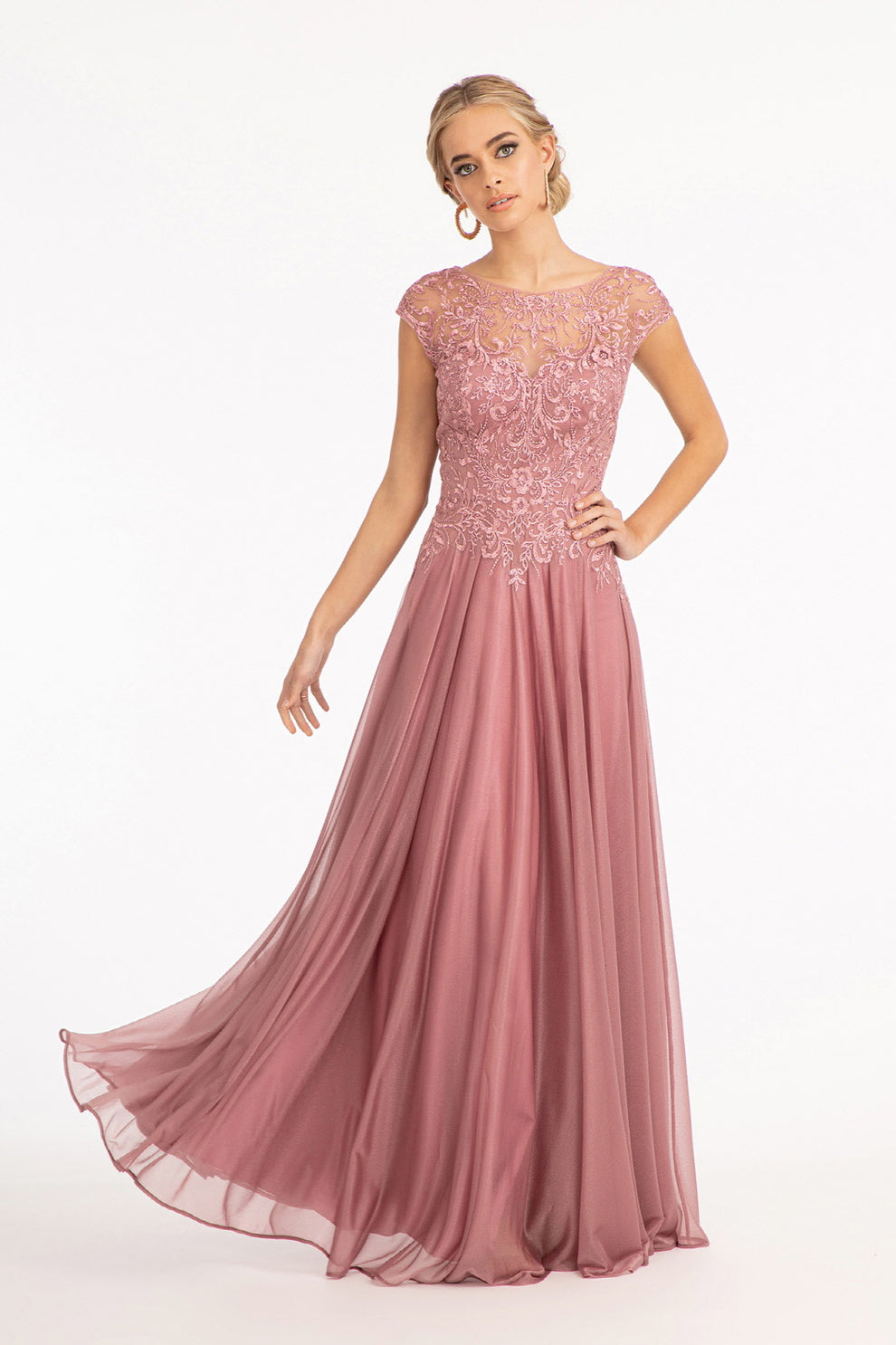Elegant Lace & Chiffon A-Line Gown Sheer Cap Sleeve Crew Neck Beaded Embroidery Mother of the Bride & Evening Dress