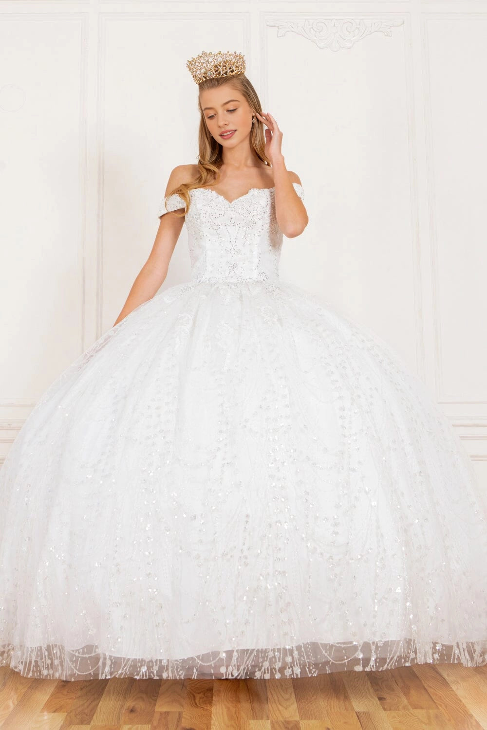 Regal Ball Gown Off‑Shoulder Short Sleeve Lace‑Up Back Sweep Train Quinceanera Dress