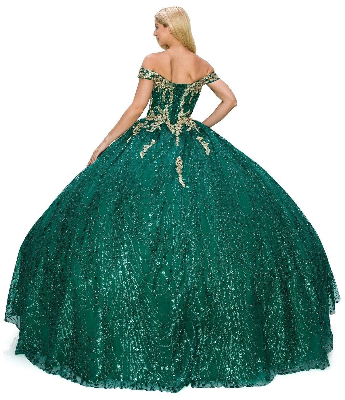 Vedress emerald green quinceanera dress lace‑up corset back gold embroidery sweep‑train sequin ballgown back view