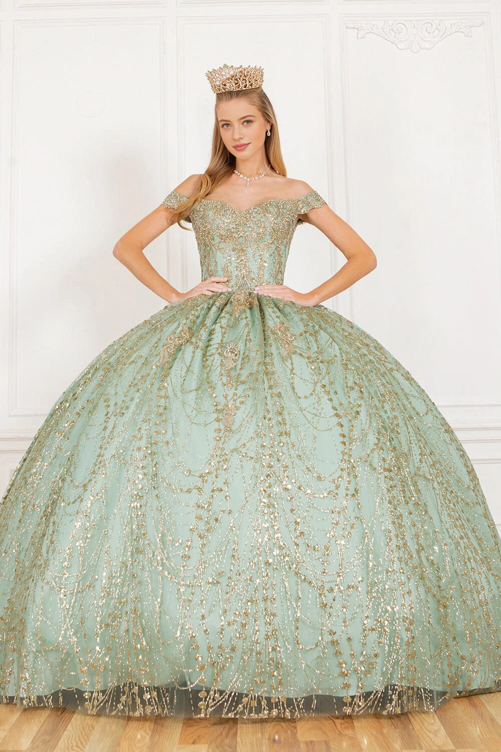 Regal Ball Gown Off‑Shoulder Short Sleeve Lace‑Up Back Sweep Train Quinceanera Dress