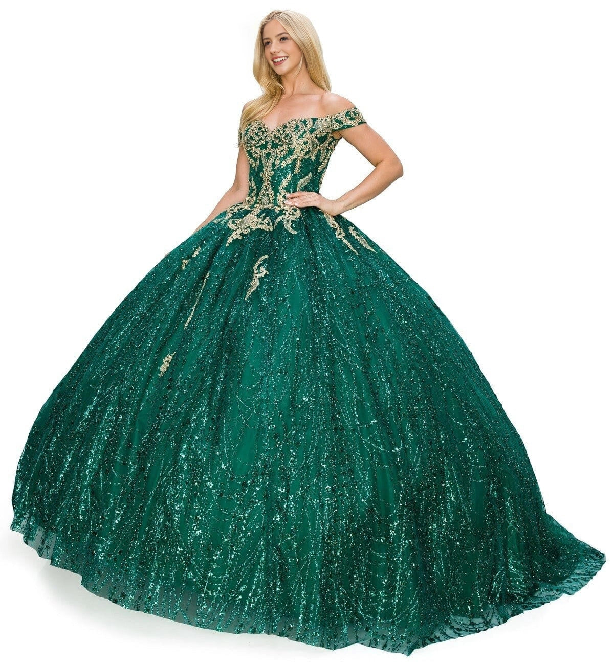 Regal Ball Gown Off‑Shoulder Short Sleeve Lace‑Up Back Sweep Train Quinceanera Dress