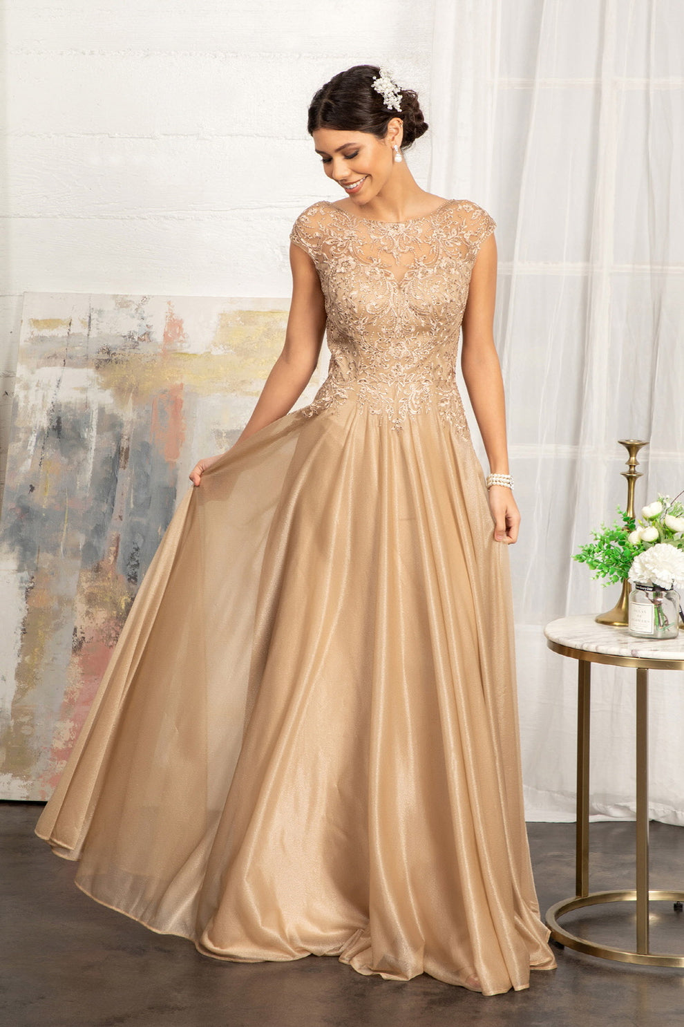 Elegant Lace & Chiffon A-Line Gown Sheer Cap Sleeve Crew Neck Beaded Embroidery Mother of the Bride & Evening Dress