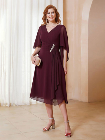Elegant Cabernet Chiffon Mother of the Bride Dress - Flutter Sleeve V-Neck Beaded Waist Formal Midi Gown