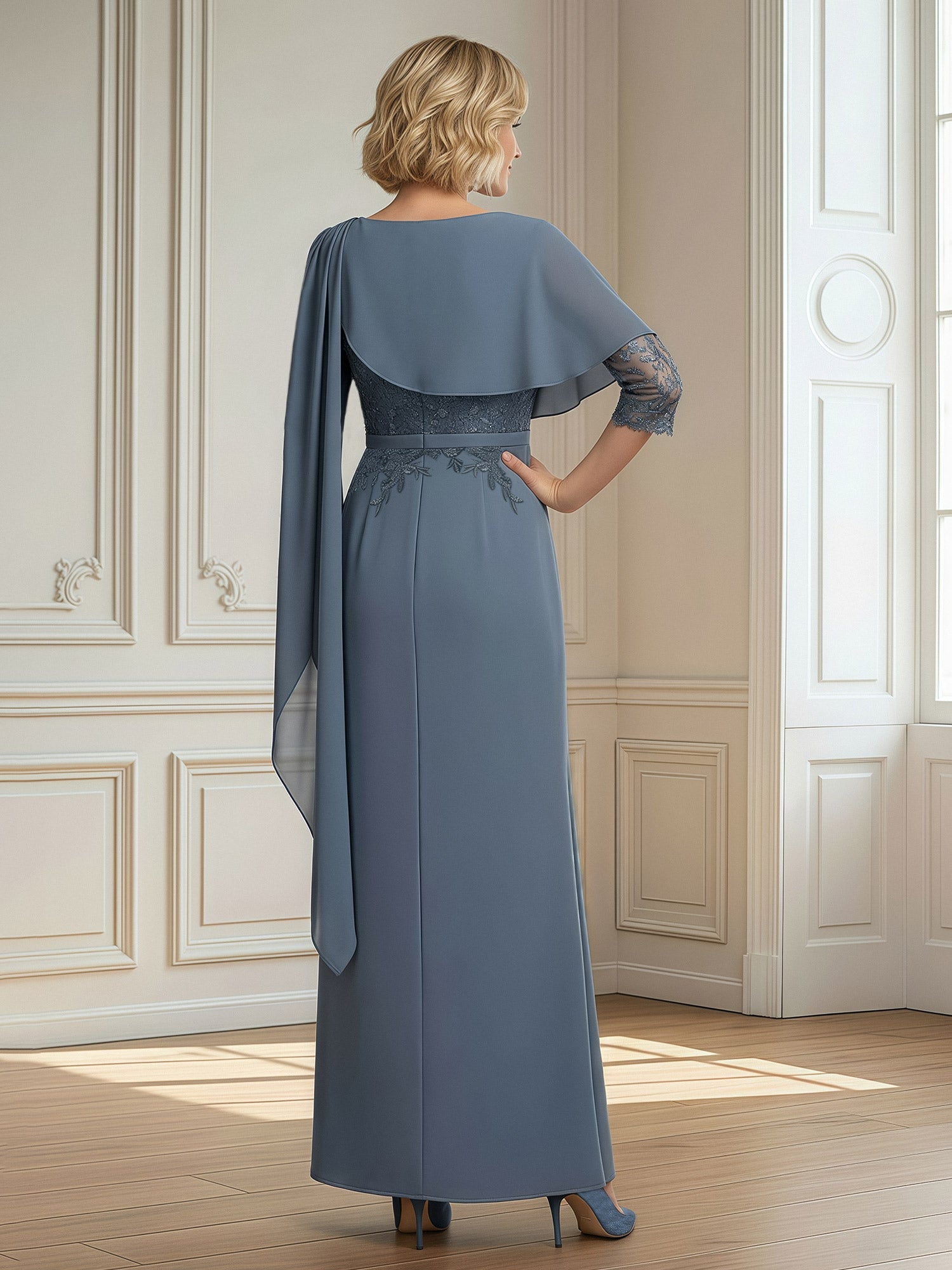 Elegant Dusty Blue Lace Applique Chiffon Mother of the Bride Dress - 3/4 Sleeve Split Formal Gown with Cape Detail