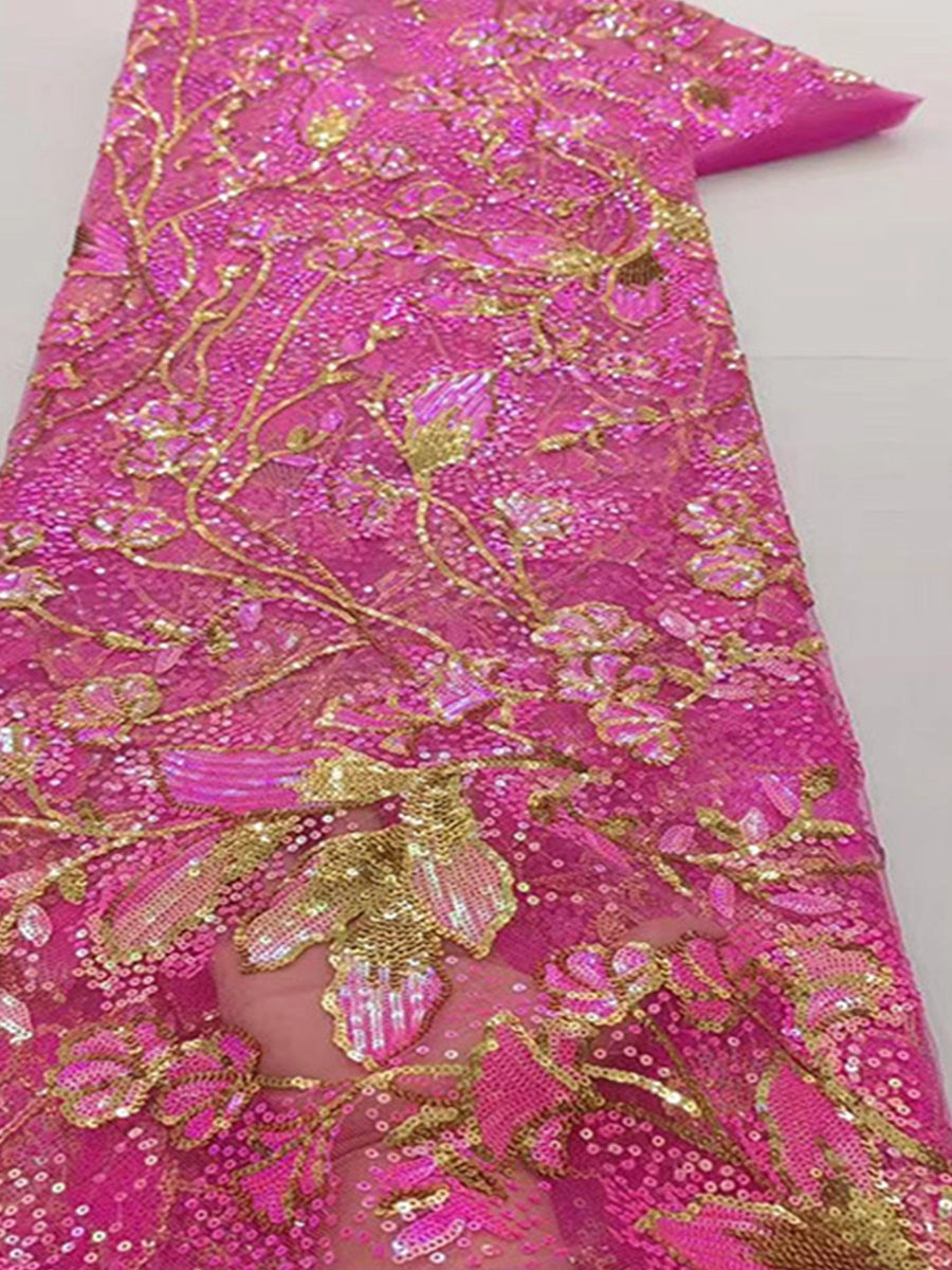 Pink Ball Gown V-Neck Spaghetti Straps Pink and Gold Floral Sequin Embroidery Corset Back Quinceanera Dress