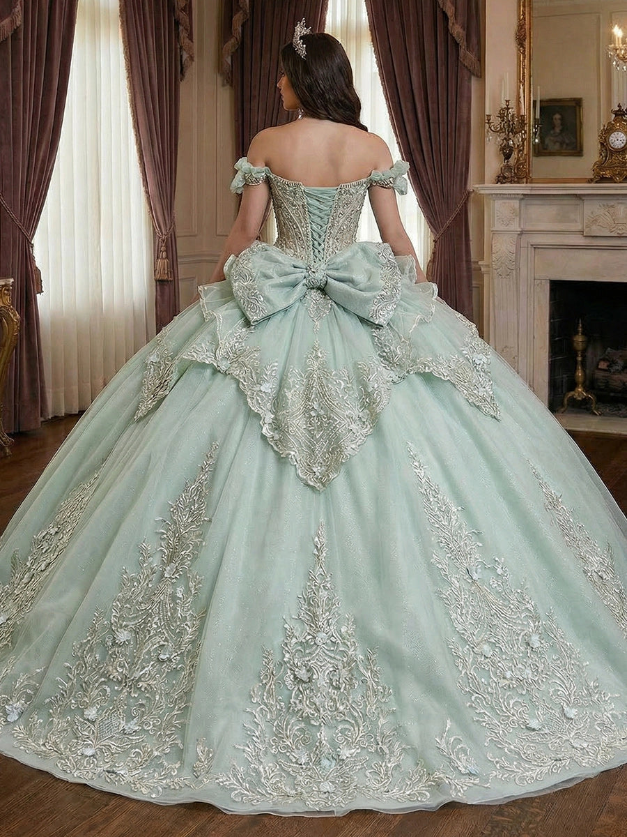 Vedress sage green glitter tulle quinceanera gown off shoulder lace-up corset back large embroidered bow layered ruffle skirt full ball gown back view