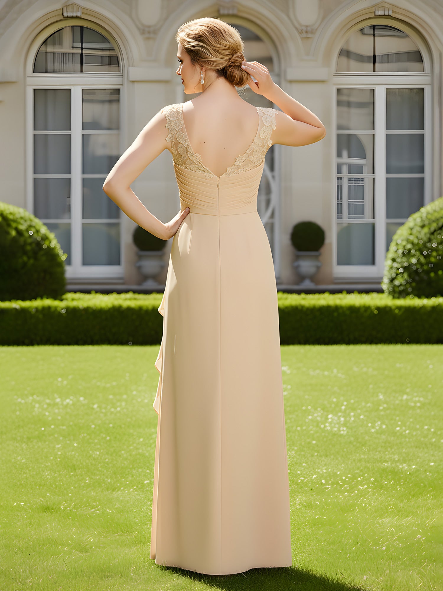 Elegant Champagne Lace Applique Chiffon Mother of the Bride Dress - V-Neck Ruched Bodice Formal Gown