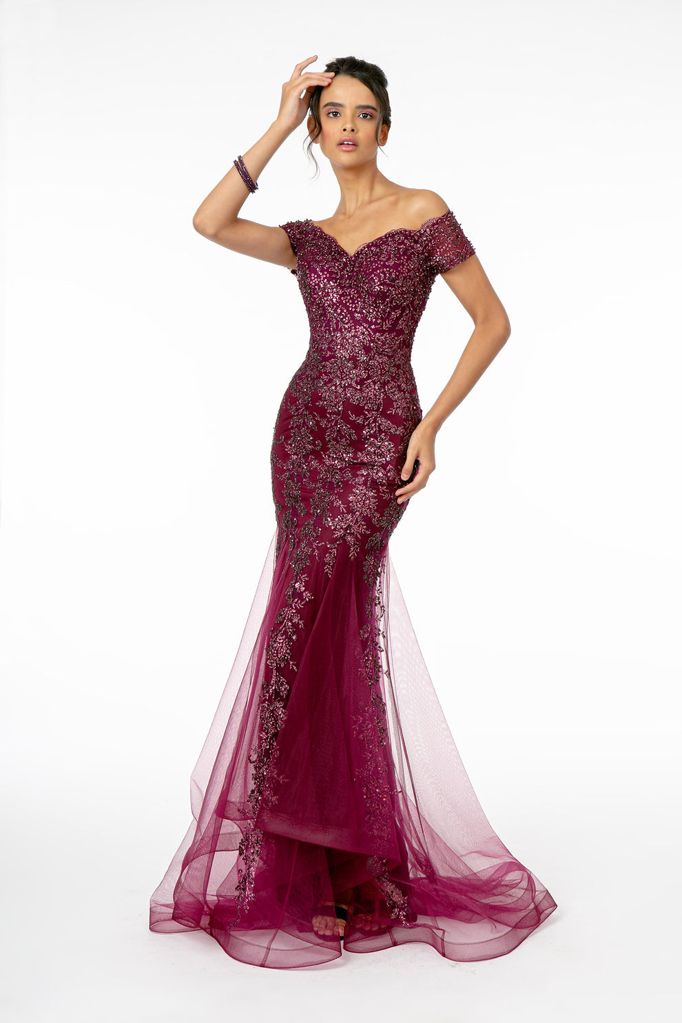 Off shoulder mermaid prom gown with short sleeves, embroidered sequin details, sheer tulle overlay, fitted bodice, and floor-length train by VEDRESS