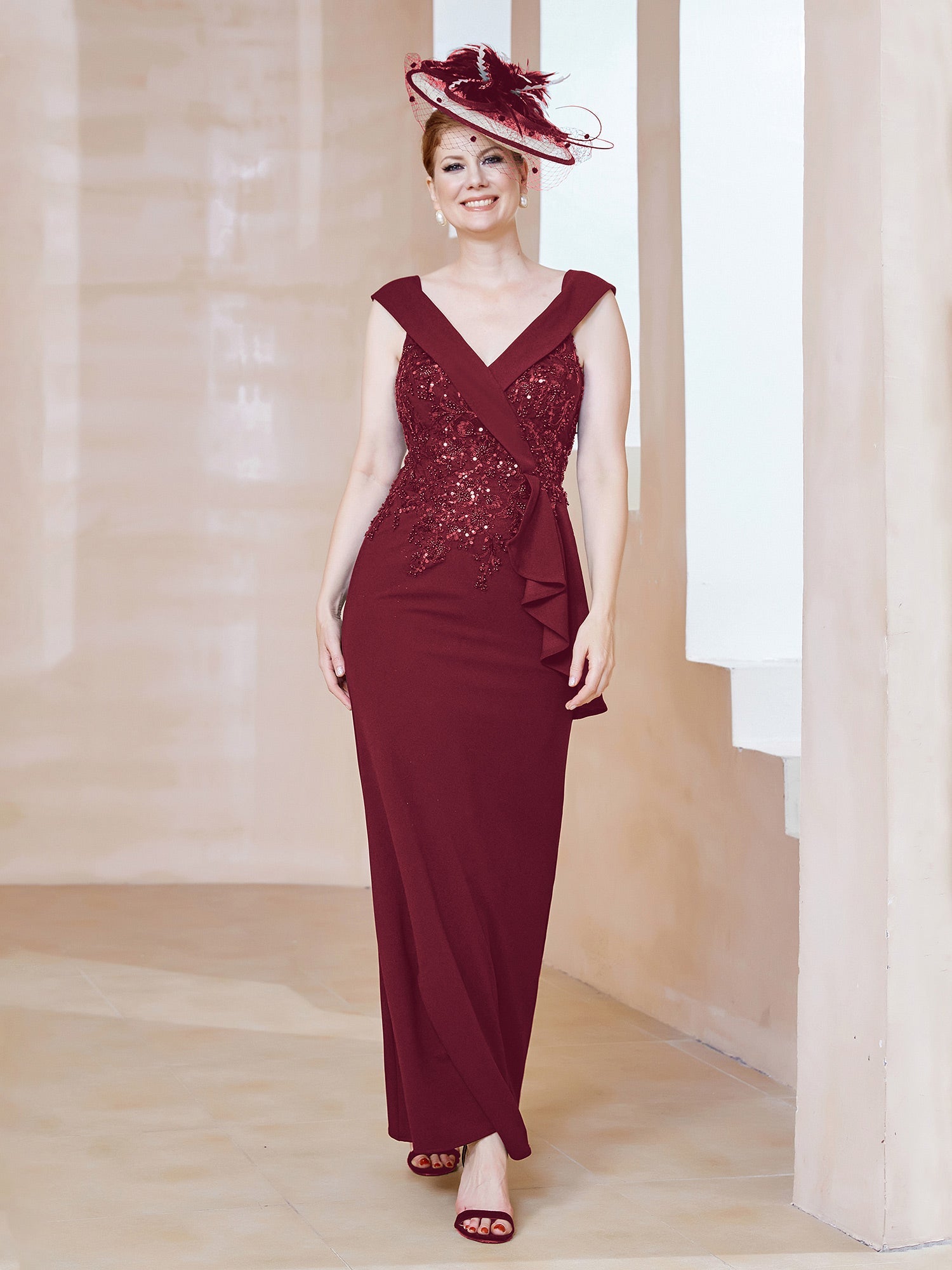 Elegant Black Lace Appliqué Mermaid Formal Gown - V-Neck Ruffle Detailing Mother of the Bride Dress